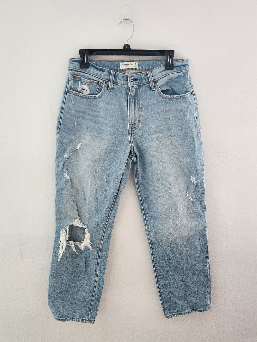 Abercrombie & Fitch The Boyfriend Midrise Distressed Straight Leg Jeans Blue 10
